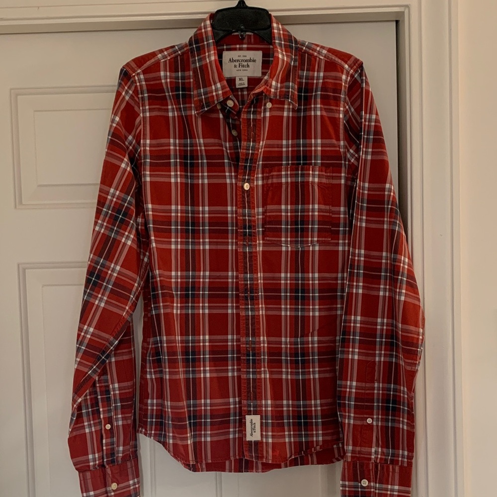 Abercrombie & Fitch Men's Red and Blue Plaid Shirt
